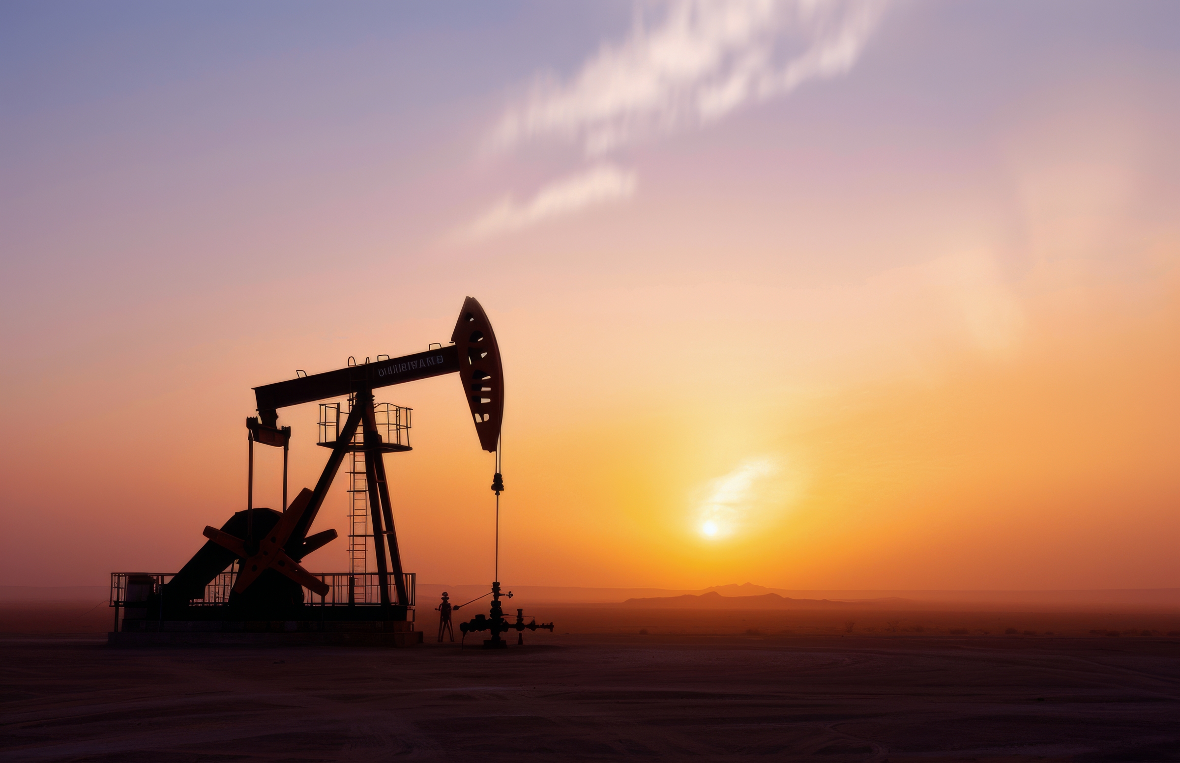 A single oil pump silhouetted against a hazy, golden sunset. The pump is situated in a large, open field, with a single worker standing in the distance.